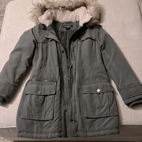 Dkny Jackets & Blazers - DKNY Green Utility Jacket with detachable  Fur Trim Hood